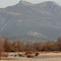 Ο Νέστος στο ύψος των Τοξοτών, στην έξοδό του από τα Στενά. Στο βάθος η οροσειρά της Ροδόπης και ο δρόμος που οδηγεί στα Ίμερα.